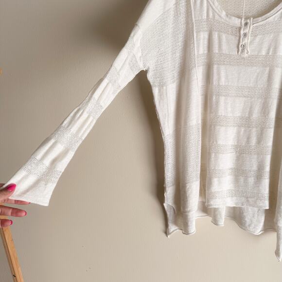Free People White Striped Wild Horses Boho Lagenlook Henley Blouse Medium - Picture 3 of 8